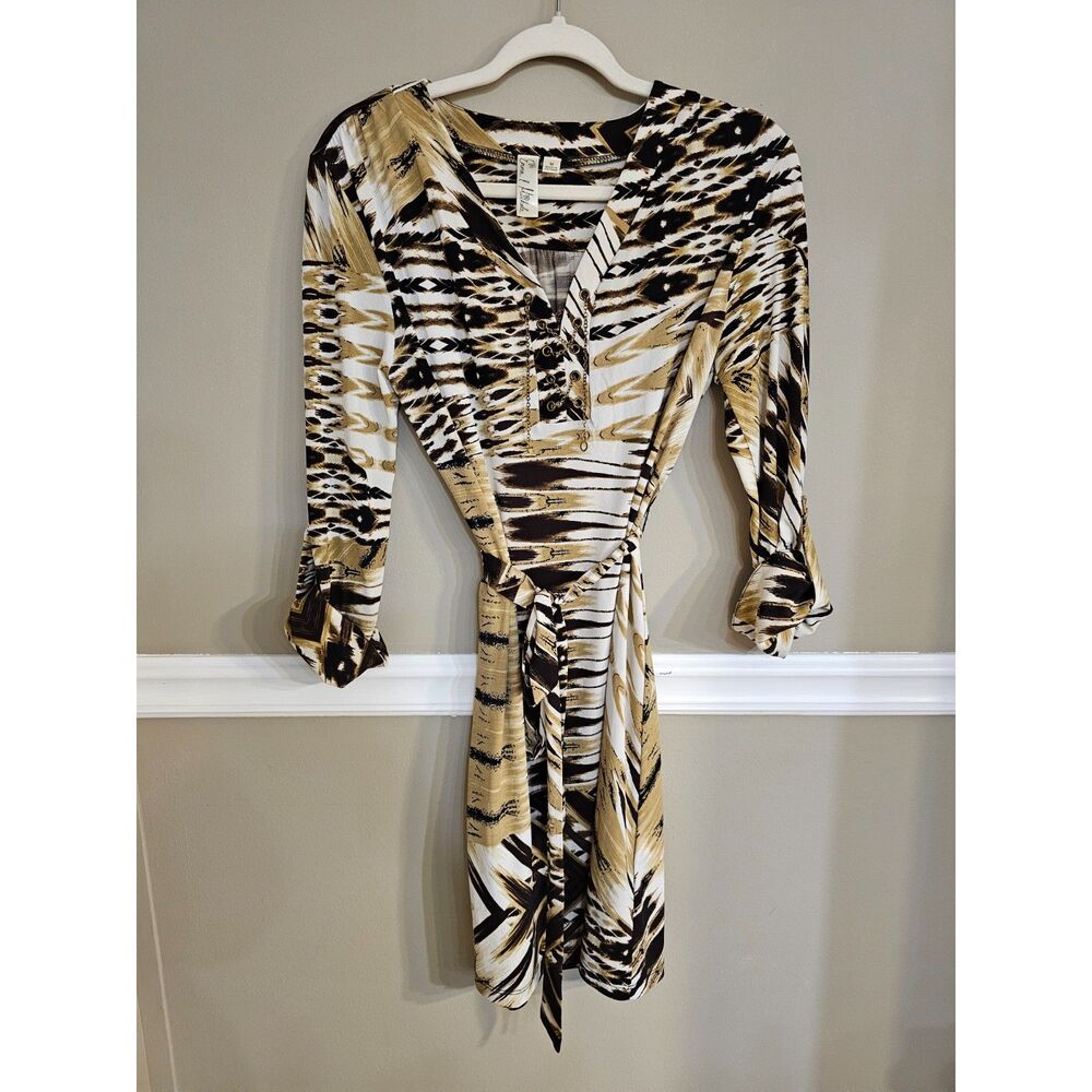 Emma & Michele Printed Wrap Dress Size M Brown Black Animal Print Belted